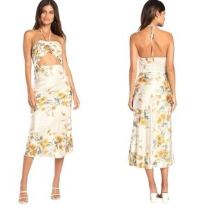 Lulus Unforgettable Moments Ivory and yellow Floral Cutout Halter Midi Dress